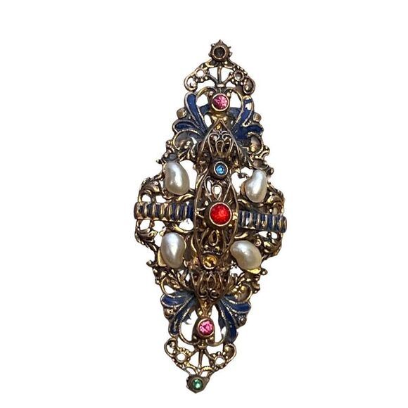 Antique Edwardian Czech Glass Filigree Pearl Ruby Sapphire Stone Brooch - Picture 2 of 9